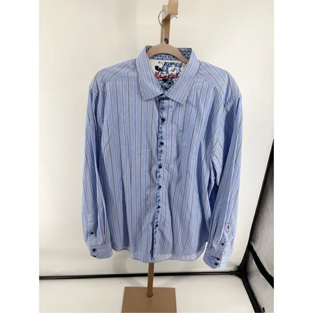 Robert Graham Flip Cuff Striped Button Front Shirt Men's XL Blue